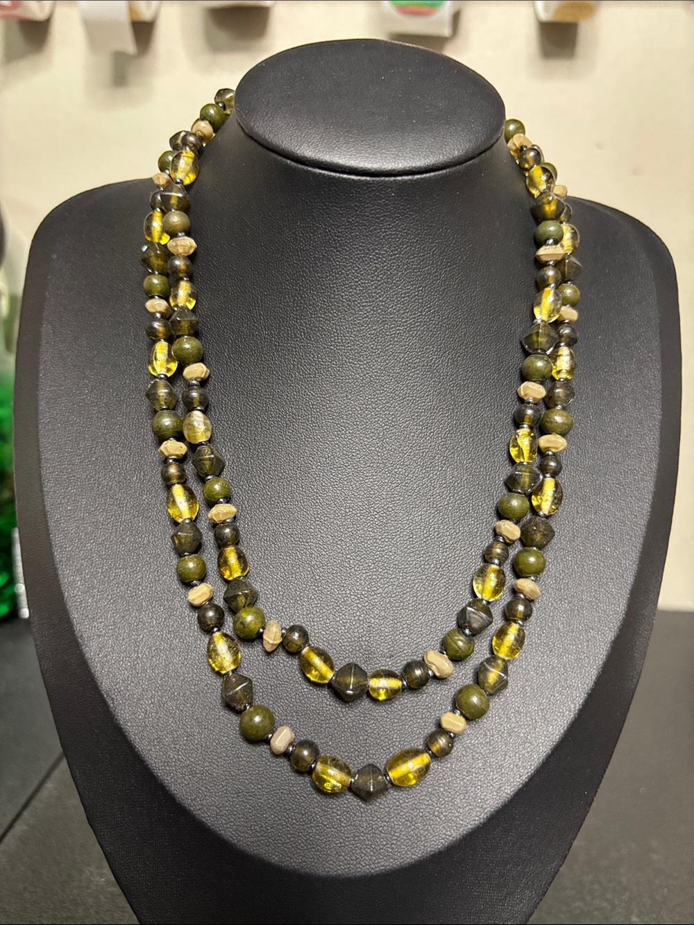 Vintage Glass Double-Strand Olive Green Yellow Beaded Necklace